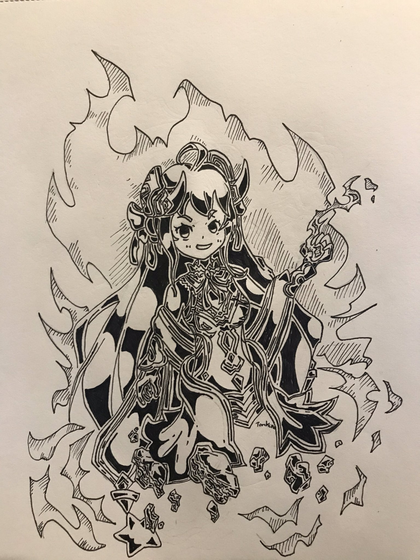 ahoge alternate_costume artist_name aura bare_shoulders choker corruption cygames dark_persona dragalia_lost dress evil evil_grin evil_smile fire flame grin hair_ribbon highres inktober long_hair looking_at_viewer monochrome morsayati nintendo official_alternate_costume possessed ribbon sketch smile star_(symbol) torikuno white_background zethia