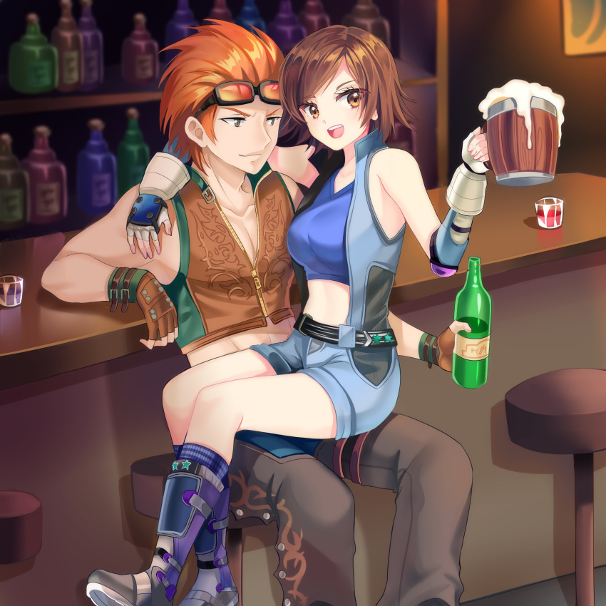 1boy 1girl :d absurdres arm_support bar bottle brown_eyes brown_hair closed_mouth commission cup english_commentary eyewear_on_head hetero highres holding holding_bottle holding_cup hwoarang_(tekken) indoors kazama_asuka namco open_mouth orange_hair short_hair sitting sitting_on_lap sitting_on_person smile tekken yaya_chan