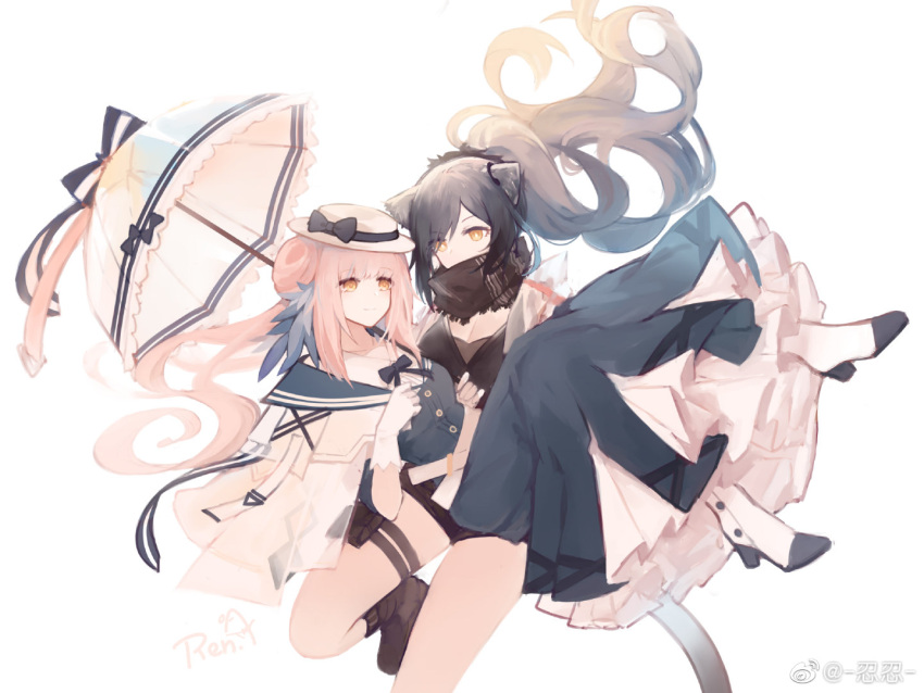 2girls animal_ears arknights artist_name black_footwear black_scarf black_shirt black_shorts blue_bow blue_dress bow carrying cat_ears cat_girl cat_tail ceylon_(arknights) dress earpiece feather_hair foot_out_of_frame frilled_dress frills grey_hair hair_bun hat high_heels holding holding_umbrella holster jacket long_hair looking_at_another multiple_girls open_clothes open_jacket pink_hair princess_carry renren scarf schwarz_(arknights) shirt shorts simple_background smile strapless tail thigh_holster thigh_strap tubetop umbrella white_background white_footwear white_headwear white_jacket yellow_eyes yuri