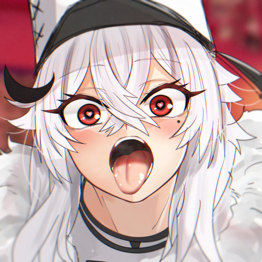 1girl akaoni_(zumt3548) azur_lane close-up collarbone commentary commentary_request eyebrows_visible_through_hair fur_trim gangut_(azur_lane) hair_between_eyes hat heart heart-shaped_pupils highres long_hair looking_at_viewer military_hat mole mole_under_eye open_mouth red_background red_eyes silver_hair solo symbol-shaped_pupils tongue tongue_out