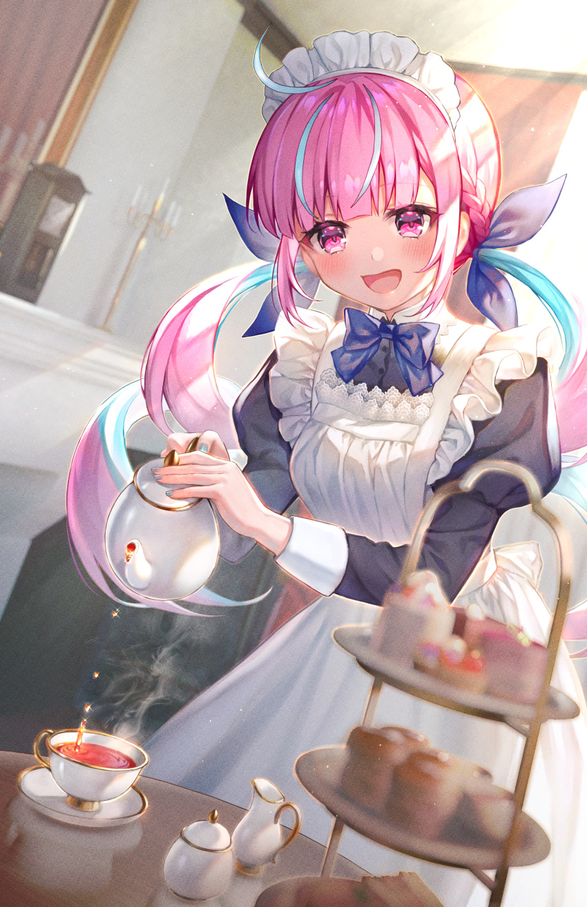 1girl :d absurdres ahoge alternate_costume apron blush cup dress enmaided highres hololive huge_filesize indoors long_hair looking_at_viewer maid maid_apron maid_day maid_headdress mikemomonga minato_aqua open_mouth pinafore_dress pink_eyes pink_hair sidelocks smile solo standing teacup teapot twintails