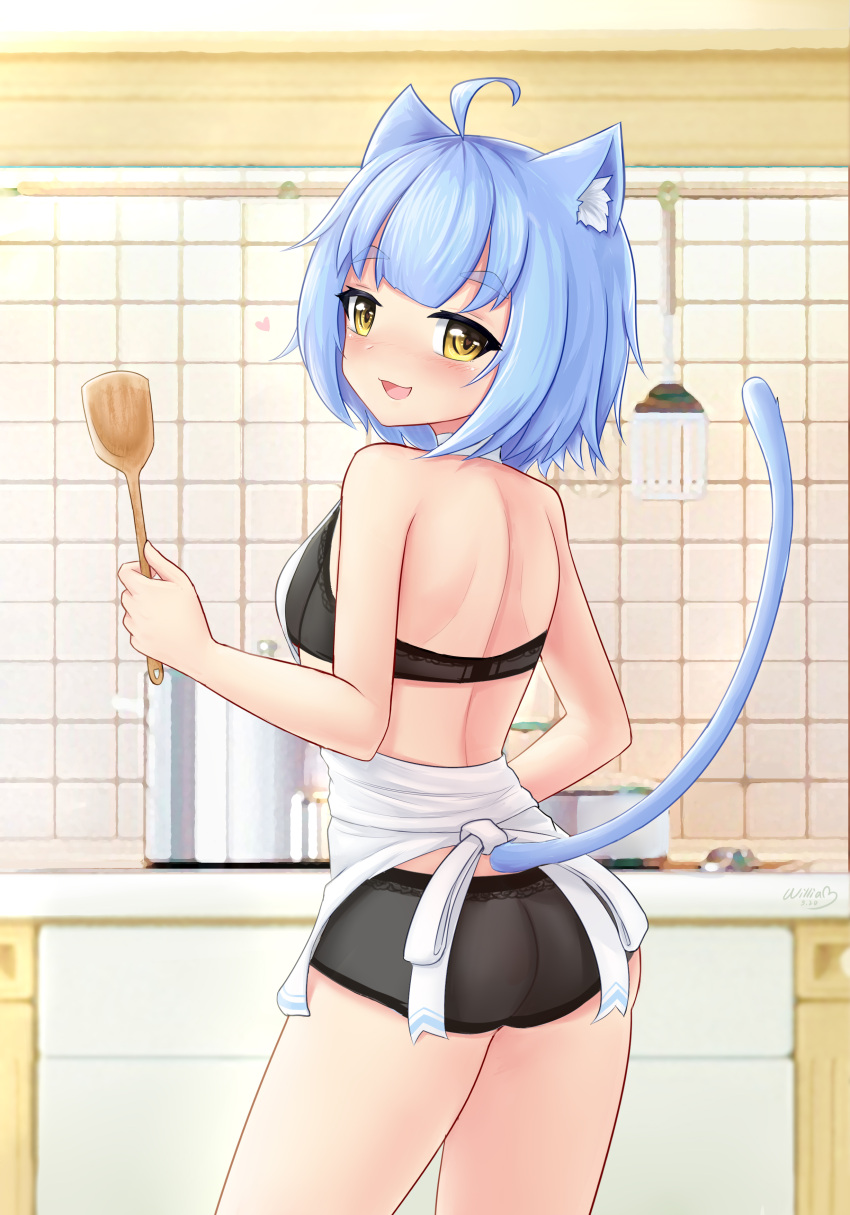 1girl absurdres ahoge animal_ears apron ass atlanta_(warship_girls_r) black_bra black_panties blue_hair bra breasts cat_ears cat_tail chinese_commentary commentary_request highres indoors kitchen panties pot short_hair small_breasts solo standing tail underwear warship_girls_r white_apron william.b yellow_eyes