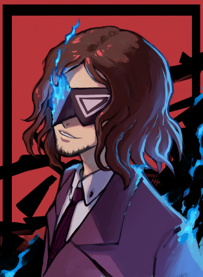 beard black_mask black_neckwear blue_fire brown_hair dress_shirt facial_hair fire formal glowing glowing_hair goatee hasegawa_zenkichi highres ketrindarkdragon male_focus mask necktie open_mouth persona persona_5 persona_5_scramble:_the_phantom_strikers shirt simple_background suit teeth two-tone_background wavy_hair white_shirt