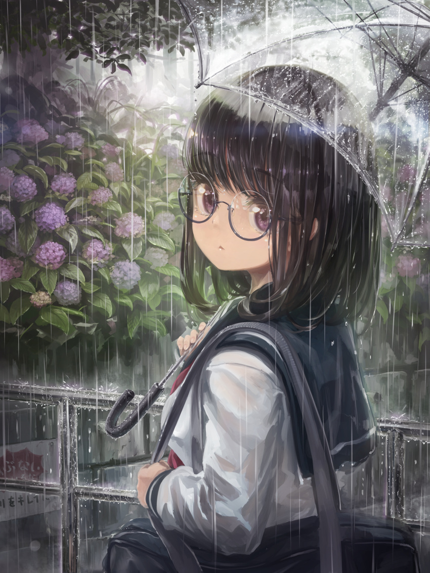 1girl absurdres bag black_hair closed_mouth eyebrows_visible_through_hair flower forest glasses highres huge_filesize hydrangea looking_at_viewer looking_to_the_side medium_hair nature original outdoors plant rain school_bag school_uniform serafuku shoulder_bag solo standing tamanegi_(12030028) upper_body violet_eyes wet wet_clothes