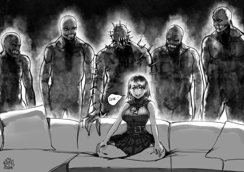 1girl 5boys ashley_graham belt breasts couch curtained_hair english_commentary full_body greyscale hands_on_lap highres indian_style large_breasts loose_belt meme monochrome monster_boy multiple_boys no_penis on_couch parody piper_perri_surrounded regenerator resident_evil resident_evil_4 ribbed_sweater sharp_teeth short_hair sitting skirt sleeveless sleeveless_turtleneck spikes surrounded sweat sweater sweater_around_neck teeth the_golden_smurf turtleneck upper_teeth you_gonna_get_raped zombie