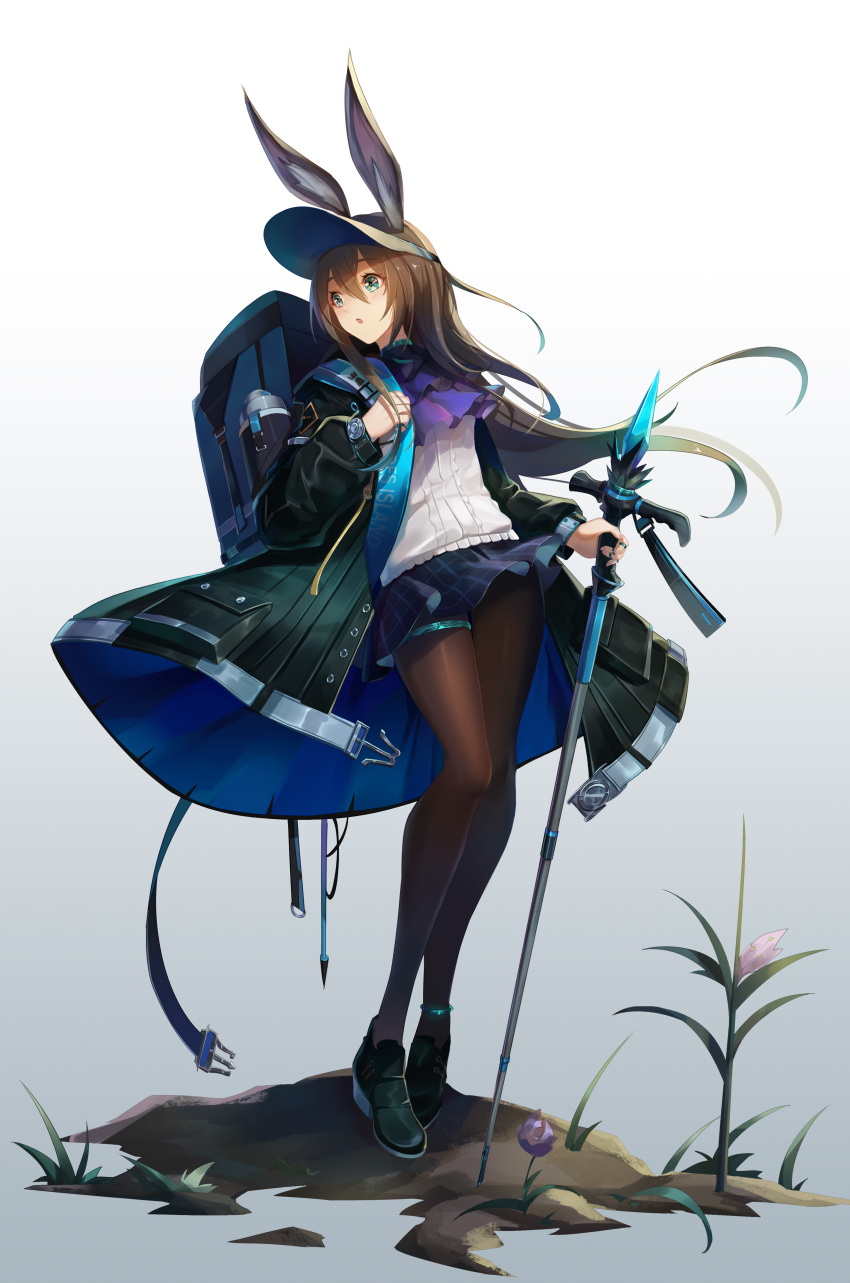 1girl :o absurdres amiya_(arknights) animal_ears anklet ar_(3779609928) arknights backpack bag black_coat black_footwear black_legwear blue_eyes blue_nails blue_skirt brown_hair cane chinese_commentary coat commentary_request eyebrows_visible_through_hair full_body hair_between_eyes highres holding holding_cane jewelry long_hair looking_away looking_to_the_side miniskirt nail_polish neck_ring off_shoulder open_clothes open_coat open_mouth pantyhose plaid plaid_skirt pleated_skirt purple_neckwear rabbit_ears shoes sidelocks skirt sleeveless_sweater solo standing sweater white_background white_sweater