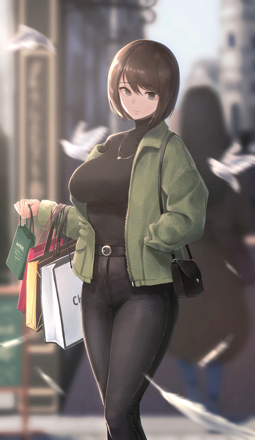 1girl absurdres bag bangs belt black_belt black_pants black_sweater breasts brown_hair green_jacket hand_in_pocket highres jacket jewelry large_breasts looking_at_viewer necklace open_clothes open_jacket original outdoors pants pigone shopping_bag short_hair sweater turtleneck turtleneck_sweater