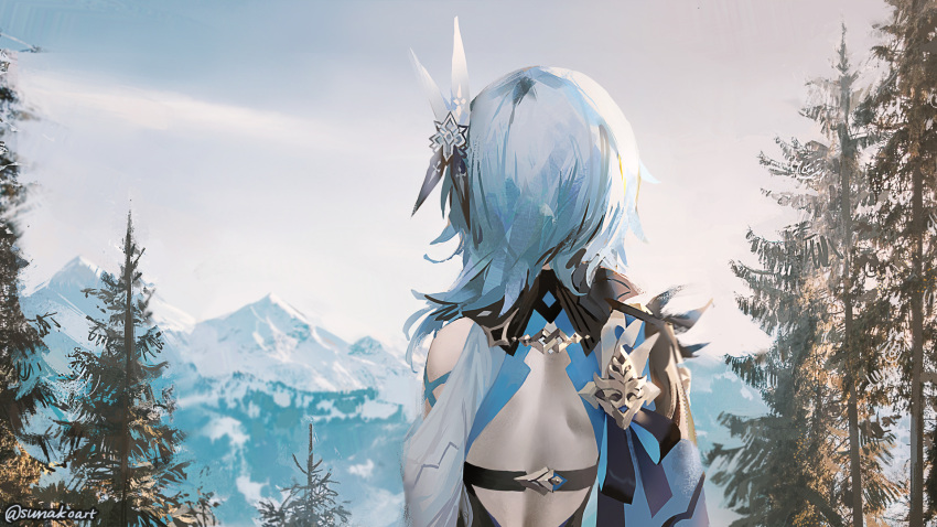 1girl artist_name back_cutout blue_hair capelet clothing_cutout eula_lawrence fantasy from_behind genshin_impact hair_ornament highres medium_hair mountain scenery snow solo sunako_(veera) tree upper_body