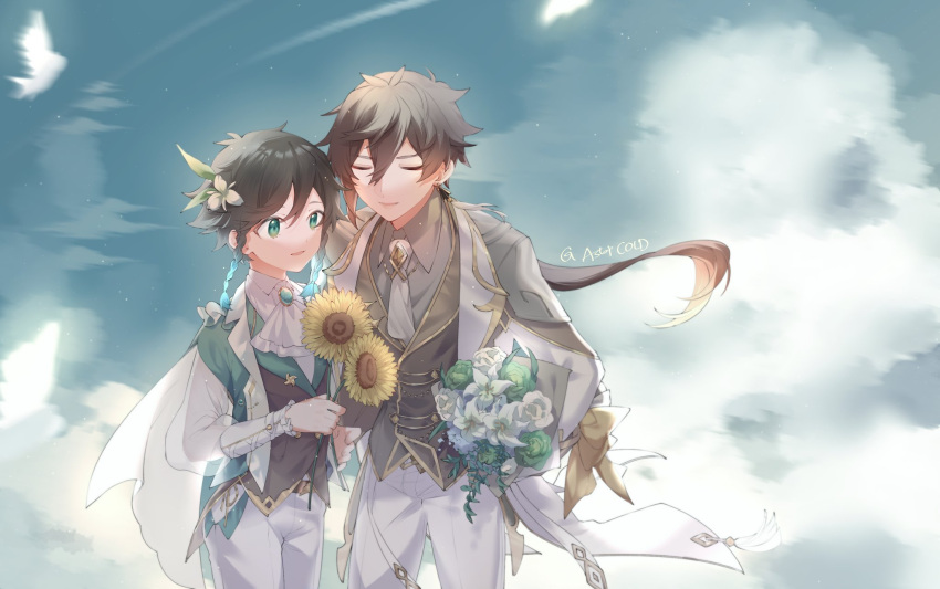 2boys androgynous artist_name ascot aster_fueu bangs black_gloves black_hair blue_hair bouquet braid brooch closed_eyes closed_mouth clouds cloudy_sky coattails collared_shirt commentary_request cravat day earrings eyeliner flower formal frilled_sleeves frills gem genshin_impact gloves gradient_hair green_eyes hair_between_eyes hair_flower hair_ornament highres holding holding_bouquet holding_flower jacket jewelry leaf long_hair long_pants long_sleeves makeup male_focus multicolored_hair multiple_boys necktie open_mouth orange_hair outdoors pants pinwheel shirt short_hair_with_long_locks single_earring sky smile suit sunflower tassel tassel_earrings twin_braids venti_(genshin_impact) white_flower white_pants white_shirt yellow_flower zhongli_(genshin_impact)