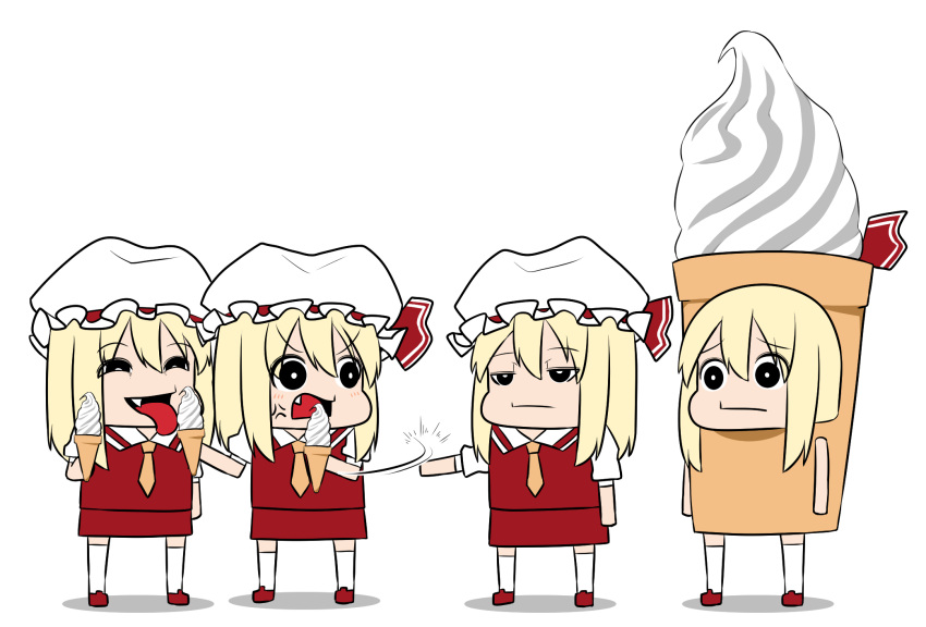 4girls anger_vein angry black_eyes blonde_hair bored closed_mouth costume eyebrows_visible_through_hair flandre_scarlet food food_theft full_body gingham_(amalgam) hair_between_eyes hat highres ice_cream ice_cream_cone licking medium_hair mob_cap multiple_girls sad simple_background touhou white_background