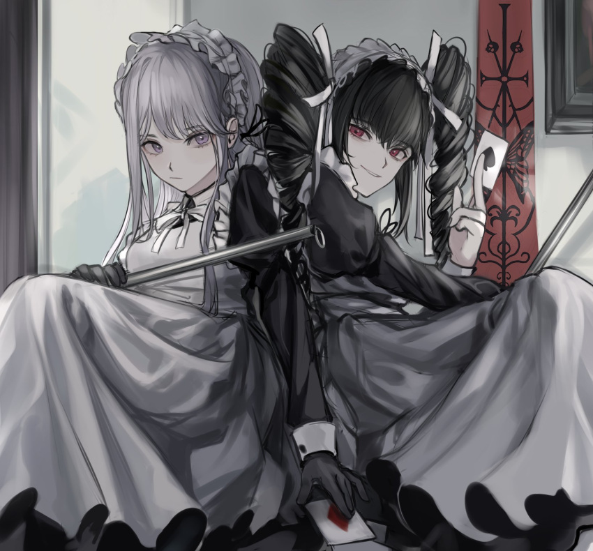 2girls alternate_costume bangs black_dress black_hair black_ribbon braid card celestia_ludenberg dangan_ronpa:_trigger_happy_havoc dangan_ronpa_(series) dress enmaided grey_apron grey_hair hair_ribbon hairband hand_up highres holding holding_card juliet_sleeves kirigiri_kyouko lolita_hairband long_hair long_sleeves looking_at_viewer maid maid_headdress multiple_girls muuyiie neck_ribbon parted_lips pink_eyes playing_card puffy_sleeves red_eyes ribbon side_braid sitting smile symbol_commentary twintails white_ribbon