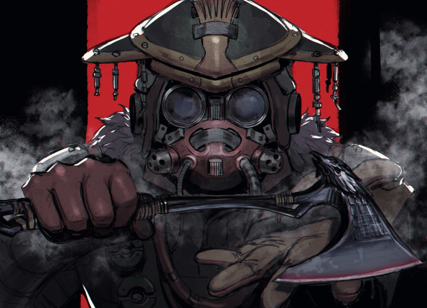 1other ambiguous_gender apex_legends axe bloodhound_(apex_legends) brown_jacket cable daichi_midori fur_trim gas_mask gloves goggles helmet holding holding_axe jacket mask mouth_mask open_hand red_gloves science_fiction smoke solo upper_body