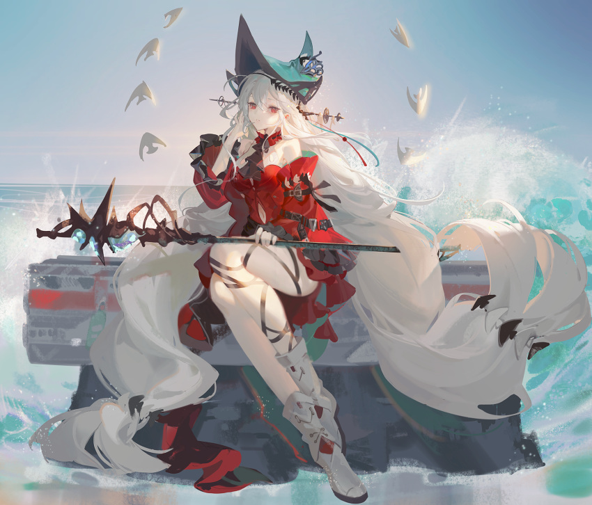 1girl arknights boots dress frills hat highres long_hair looking_at_viewer red_dress red_eyes samo_(shichun_samo) sitting skadi_(arknights) skadi_the_corrupting_heart_(arknights) solo staff water white_hair