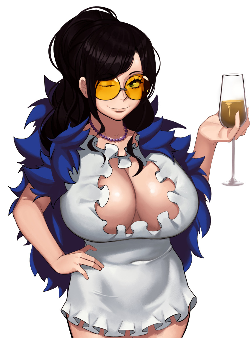 1girl absurdres bead_necklace beads black_hair blue_eyes breasts champagne_flute cleavage_cutout clothing_cutout collarbone covered_navel cup dress drinking_glass feather_boa hair_behind_ear hand_on_hip highres holding holding_cup huge_breasts jewelry kevbot long_hair necklace nico_robin one_eye_closed one_piece round_eyewear smile solo sunglasses white_dress