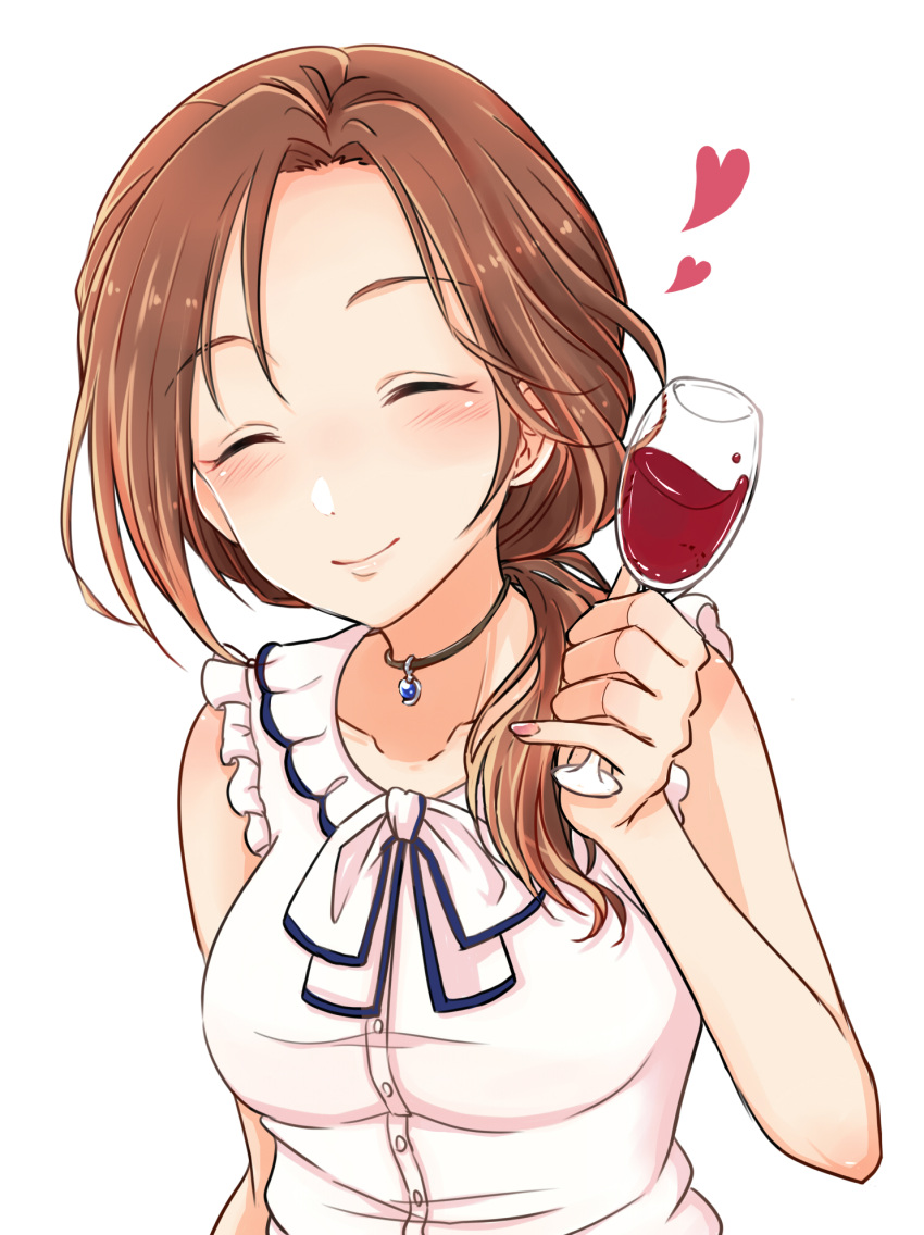 1girl alcohol closed_eyes cup drinking_glass facing_viewer hair_over_shoulder heart highres idolmaster idolmaster_cinderella_girls jewelry kawashima_mizuki long_hair mariabowl necklace pinky_out ponytail simple_background sleeveless smile solo upper_body white_background wine wine_glass