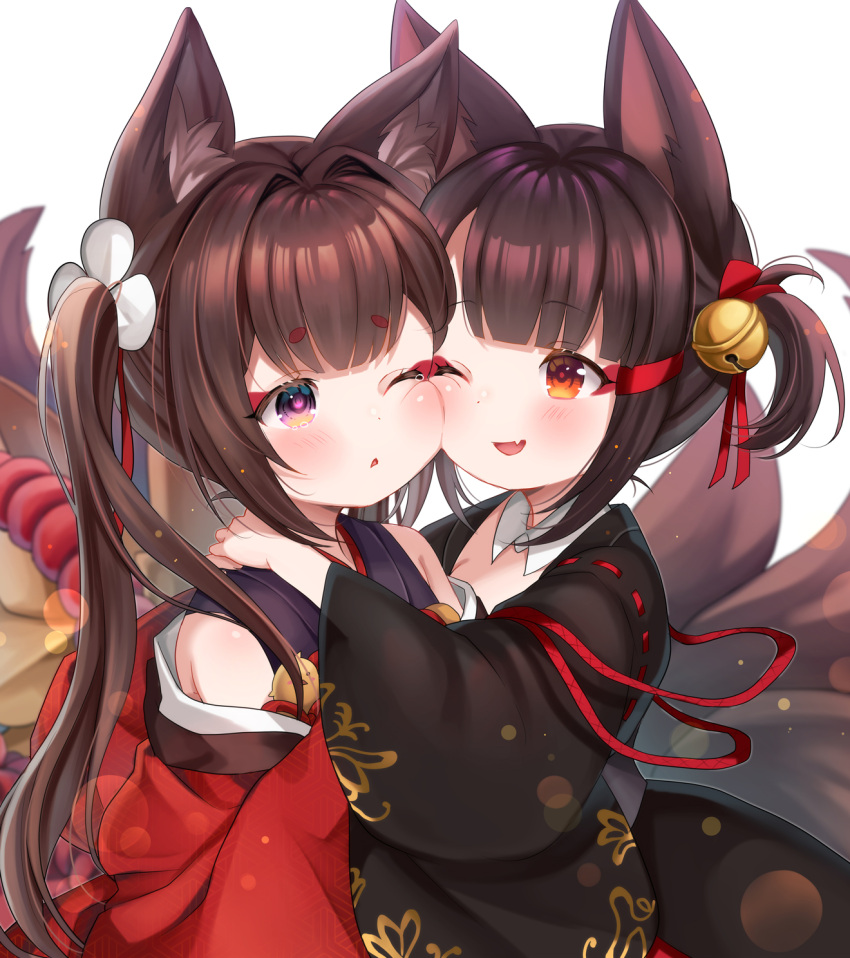 2girls ;d ;o akagi-chan_(azur_lane) amagi-chan_(azur_lane) animal_ear_fluff animal_ears azur_lane bangs bell black_kimono blunt_bangs blush brown_hair brown_tail cheek-to-cheek commentary_request detached_collar eyebrows_visible_through_hair eyeshadow fang fox_ears fox_girl fox_tail hair_bell hair_intakes hair_ornament highres hug japanese_clothes kimono long_hair looking_at_another makeup multiple_girls multiple_tails off-shoulder_kimono off_shoulder one_eye_closed open_mouth purple_kimono red_eyes red_eyeshadow red_kimono ribbon rope shimenawa short_hair sidelocks simple_background sleeveless sleeveless_kimono smile tail tears thick_eyebrows twintails upper_body violet_eyes white_background wide_sleeves yukini_(yuki2maru)