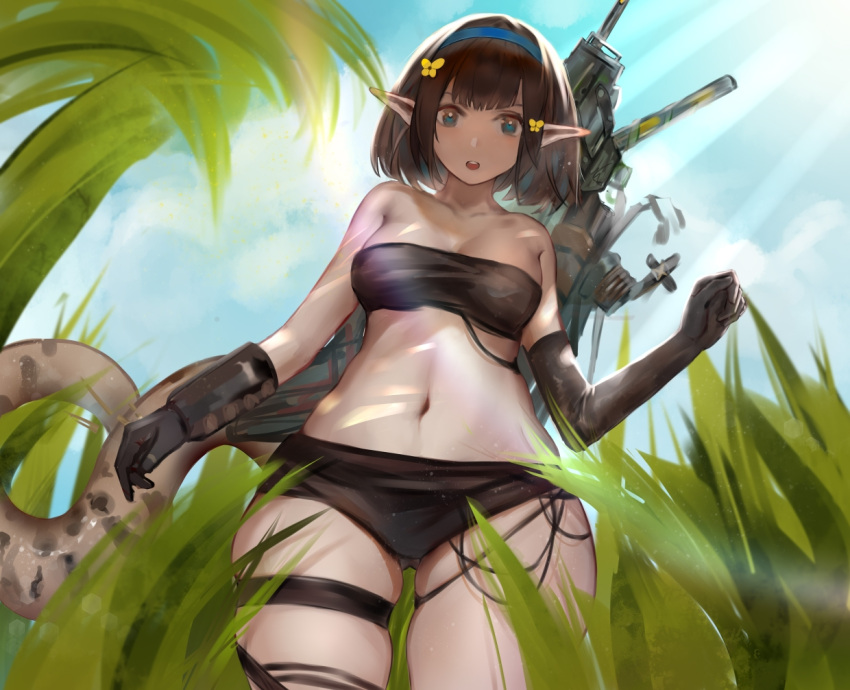 1girl :o arknights asymmetrical_gloves bandeau bangs bare_shoulders black_gloves black_hair black_panties blue_eyes blue_hairband blue_sky breasts commentary cowboy_shot day eunectes_(arknights) gloves grass hairband looking_at_viewer midriff navel open_mouth outdoors panties pointy_ears short_hair sky small_breasts solo standing stomach strapless tail thigh_strap thighs tubetop ufoliving underwear