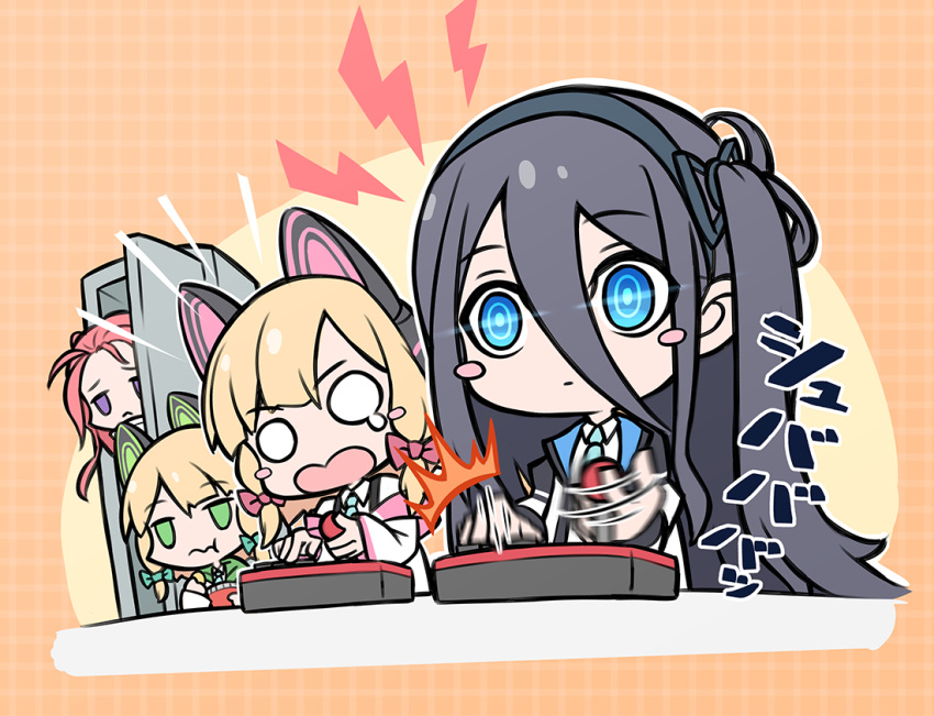 4girls arisu_(blue_archive) blue_archive blue_eyes blush_stickers cat_ear_headphones commentary_request eating hair_between_eyes hairband headphones long_hair midori_(blue_archive) momoi_(blue_archive) multiple_girls o_o peeking_out playing_games shishikai short_hair siblings sidelocks simple_background twins twintails yuzu_(blue_archive)
