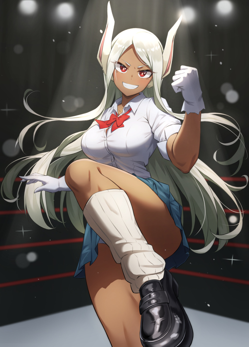 1girl acso animal_ears bangs black_footwear blue_skirt boku_no_hero_academia bow bowtie breasts collared_shirt commentary_request dark-skinned_female dark_skin gloves grin gyaru highres large_breasts leg_up loafers long_hair looking_at_viewer miniskirt mirko parted_bangs pleated_skirt rabbit_ears rabbit_girl red_bow red_eyes school_uniform shiny shiny_hair shirt shoes short_sleeves skirt smile solo sparkle teeth white_hair white_legwear white_shirt