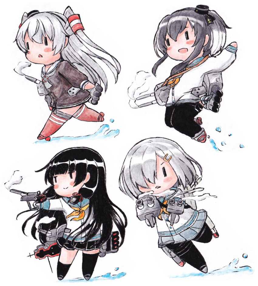 4girls amatsukaze_(kancolle) asymmetrical_legwear bangs black_hair black_legwear blue_sailor_collar blush chibi dress gloves hair_ornament hair_over_one_eye hair_tubes hairclip hamakaze_(kancolle) highres isokaze_(kancolle) kantai_collection kneehighs long_hair long_sleeves multiple_girls open_mouth pantyhose pleated_skirt poipoi_purin red_legwear rensouhou-kun rigging sailor_collar sailor_dress school_uniform serafuku short_hair_with_long_locks short_sleeves silver_hair simple_background single_kneehigh single_thighhigh skirt smile smoke thigh-highs tokitsukaze_(kancolle) white_background white_gloves