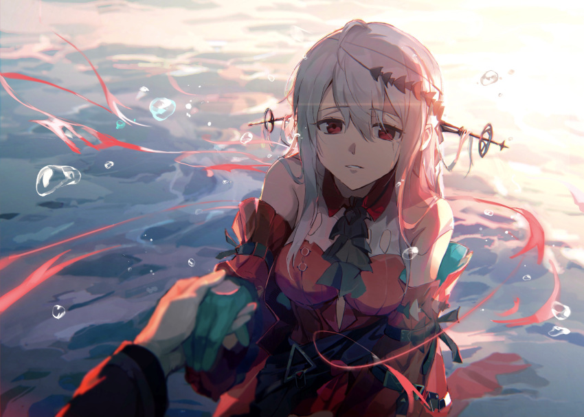 1girl arknights bangs bare_shoulders blue_gloves bubble commentary_request dress eyebrows_visible_through_hair gloves hair_between_eyes highres holding_hands no_hat no_headwear ocean parted_lips pov red_dress red_eyes shusuzu silver_hair skadi_(arknights) skadi_the_corrupting_heart_(arknights) solo_focus water