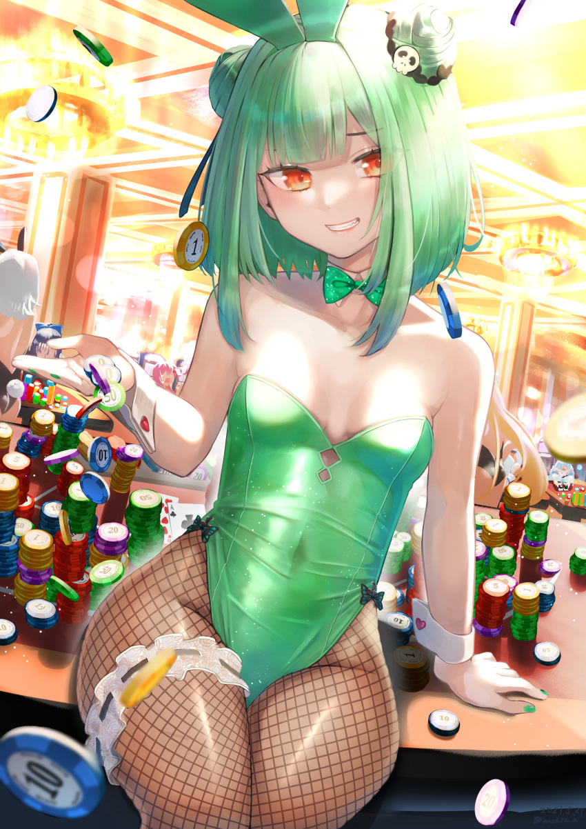 1girl absurdres animal_ears bangs bare_shoulders bow bowtie breasts covered_navel detached_collar double_bun fishnet_legwear fishnets green_hair green_nails grin hair_ornament highres hololive huge_filesize pantyhose playboy_bunny poker_chip rabbit_ears rushian sitting small_breasts smile uruha_rushia virtual_youtuber wrist_cuffs