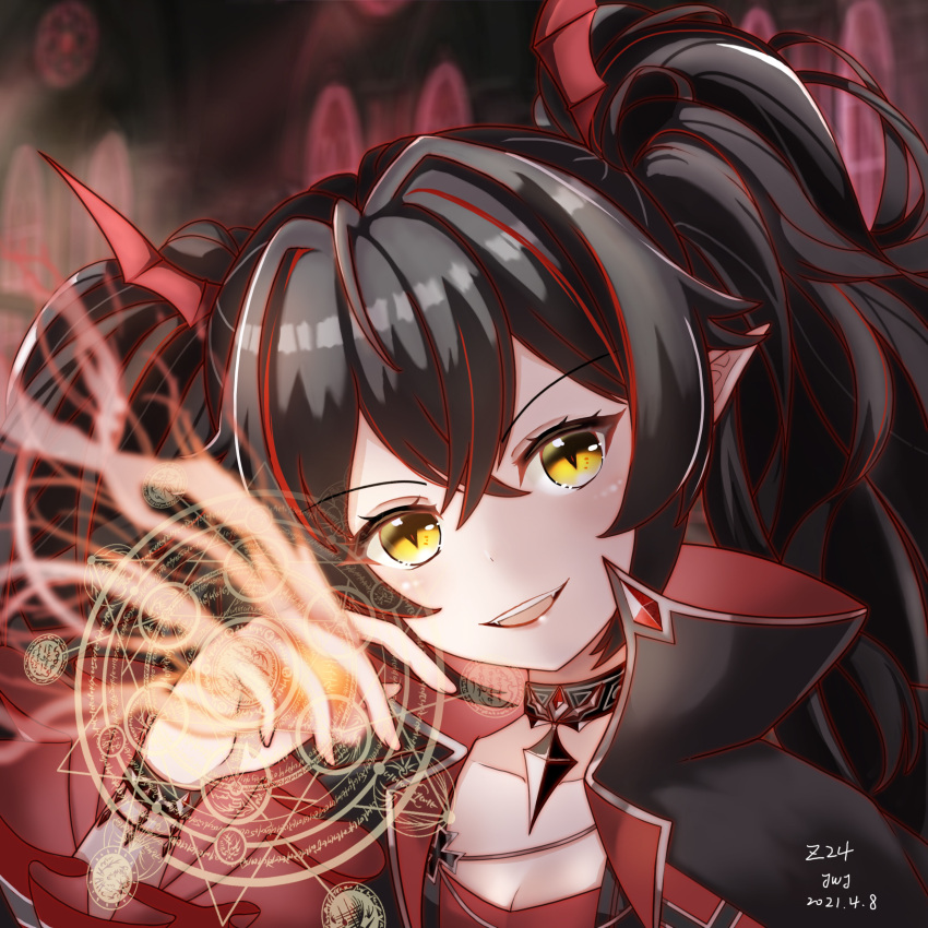 1girl 2021 absurdres azur_lane bangs black_coat black_hair character_name coat crossed_bangs detached_collar eyebrows_visible_through_hair fangs highres jwj looking_at_viewer magic_circle pointy_ears solo twintails upper_body upper_teeth wide_sleeves yellow_eyes z24_(azur_lane)