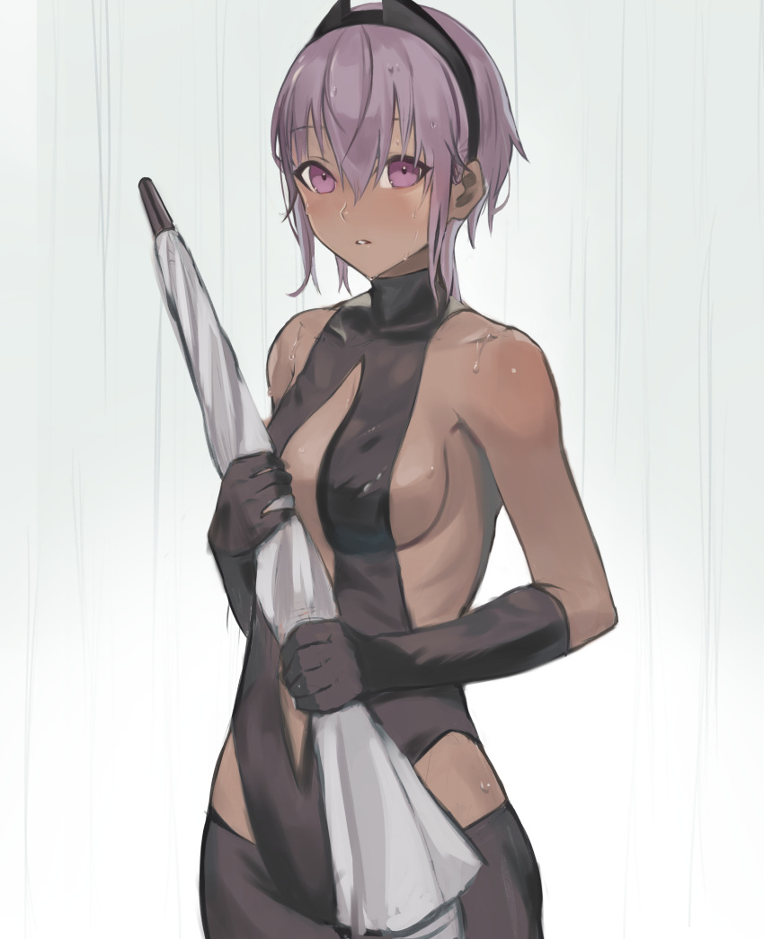 1girl absurdres arms_behind_back bangs bare_shoulders belt black_gloves black_hairband black_leotard blush breasts center_opening dark-skinned_female dark_skin eyebrows_behind_hair fate/grand_order fate/prototype fate/prototype:_fragments_of_blue_and_silver fate_(series) gloves hairband hassan_of_serenity_(fate) highres holding holding_umbrella leotard medium_breasts navel purple_hair short_hair solo taruto_(takug0812) umbrella violet_eyes wet