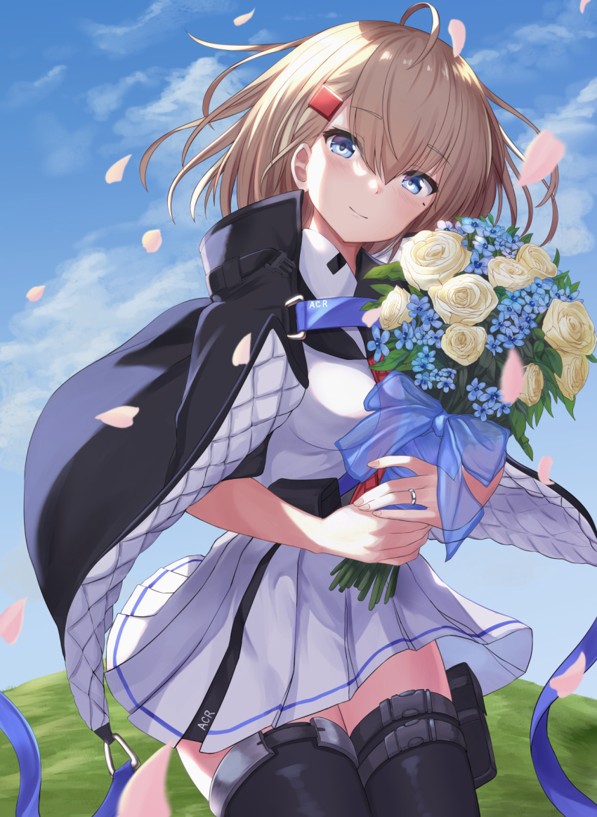 1girl acr_(girls_frontline) ahoge akabane_hibame blonde_hair blue_eyes bouquet character_name cowboy_shot flower girls_frontline hair_ornament hairclip highres holding holding_bouquet jewelry long_hair mole mole_under_eye petals ring sky smile solo thigh-highs wedding_band