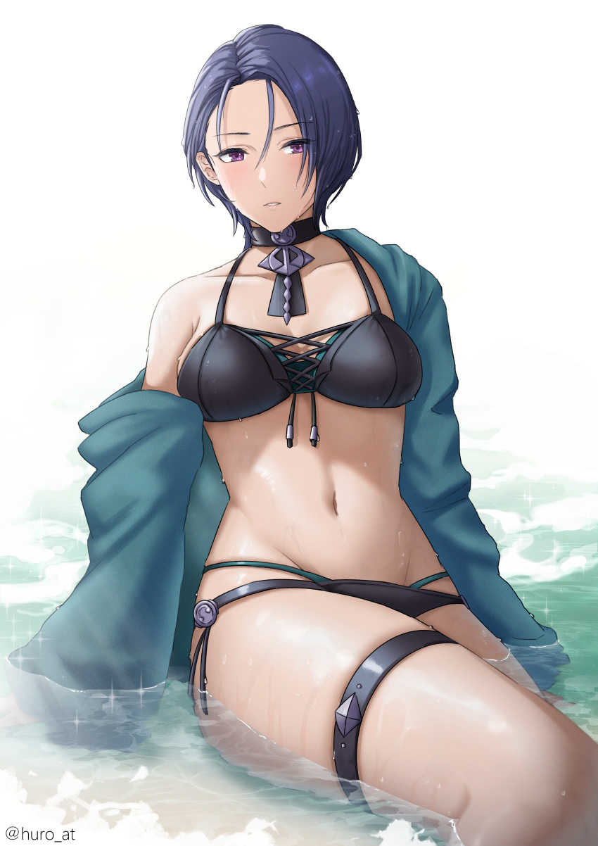 1girl absurdres bikini black_bikini blue_hair breasts commentary_request fire_emblem fire_emblem:_three_houses highres homomomomon huge_filesize jewelry looking_at_viewer navel necklace open_clothes partially_submerged purple_hair shamir_nevrand swimsuit towel violet_eyes water water_drop white_background