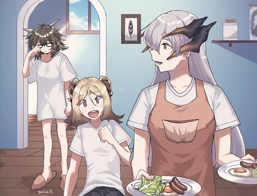 apron arknights bangs black_horns blonde_hair breakfast brown_hair casual child collarbone commentary_request dated dragon_horns english_commentary eyebrows_visible_through_hair feather_hair food glasses hand_up highres holding holding_plate horns ifrit_(arknights) indoors kawaii_inu5 lettuce long_hair looking_at_another lower_teeth medium_hair mixed-language_commentary morning no_pants open_mouth orange_eyes parted_lips picture_(object) plate rubbing_eyes saria_(arknights) sausage shelf shirt short_sleeves silence_(arknights) silver_hair sleepy slippers sparkle sunlight sunny_side_up_egg t-shirt white_shirt window wooden_floor