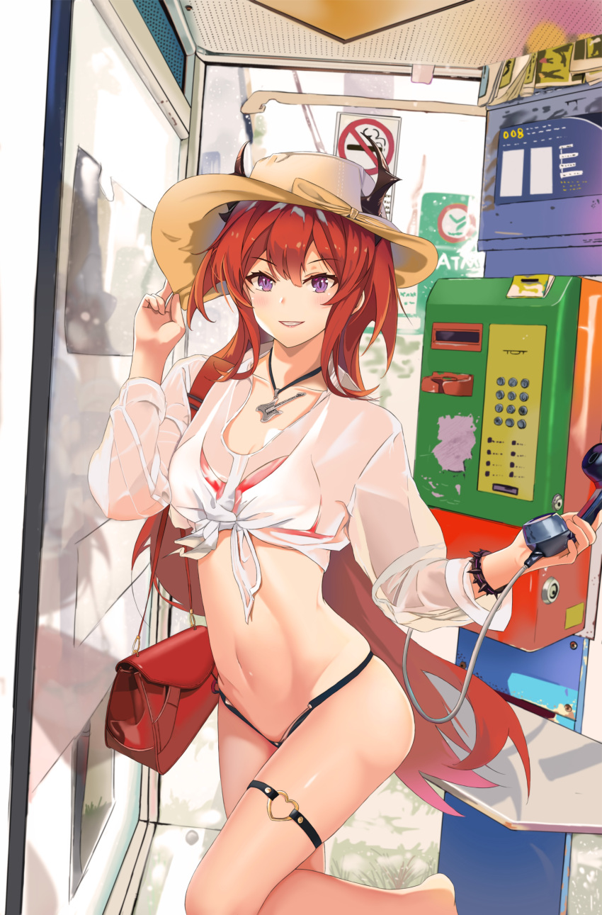 absurdres arknights auguste bag bracelet cross handbag hat highres horns jewelry long_hair phone redhead sign smile straw_hat surtr_(arknights) swimsuit violet_eyes