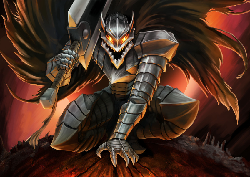 1boy absurdres animal_ears armor berserk berserker_armor black_cape cape dragonslayer_(sword) embers fire flame glowing glowing_eyes guts_(berserk) hand_on_ground highres holding holding_weapon looking_at_viewer male_focus matsumoto_(ma_tsuya) red_eyes sharp_teeth squatting sword teeth warrior weapon