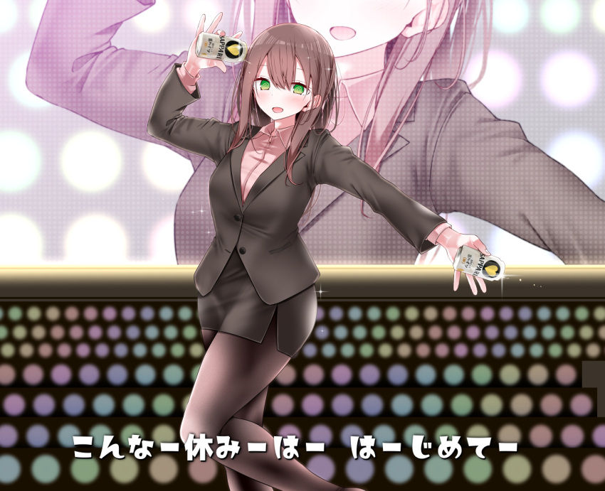 1girl :d @_@ bangs beer_can black_legwear blush breasts brown_hair can green_eyes long_hair looking_at_viewer office_lady ol-chan_(oouso) oouso open_mouth original pantyhose pencil_skirt skirt smile