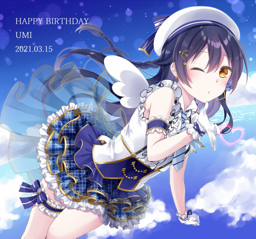 1girl above_clouds bangs beret birthday blown_kiss blue_hair blue_sky blush braid character_name clouds commentary_request cowboy_shot day earrings english_text frills gloves hair_between_eyes hair_ornament hand_up hat headset heart icemilk jewelry long_hair looking_at_viewer love_live! necktie one_eye_closed outdoors puckered_lips sky sleeveless smile solo sonoda_umi white_gloves wings