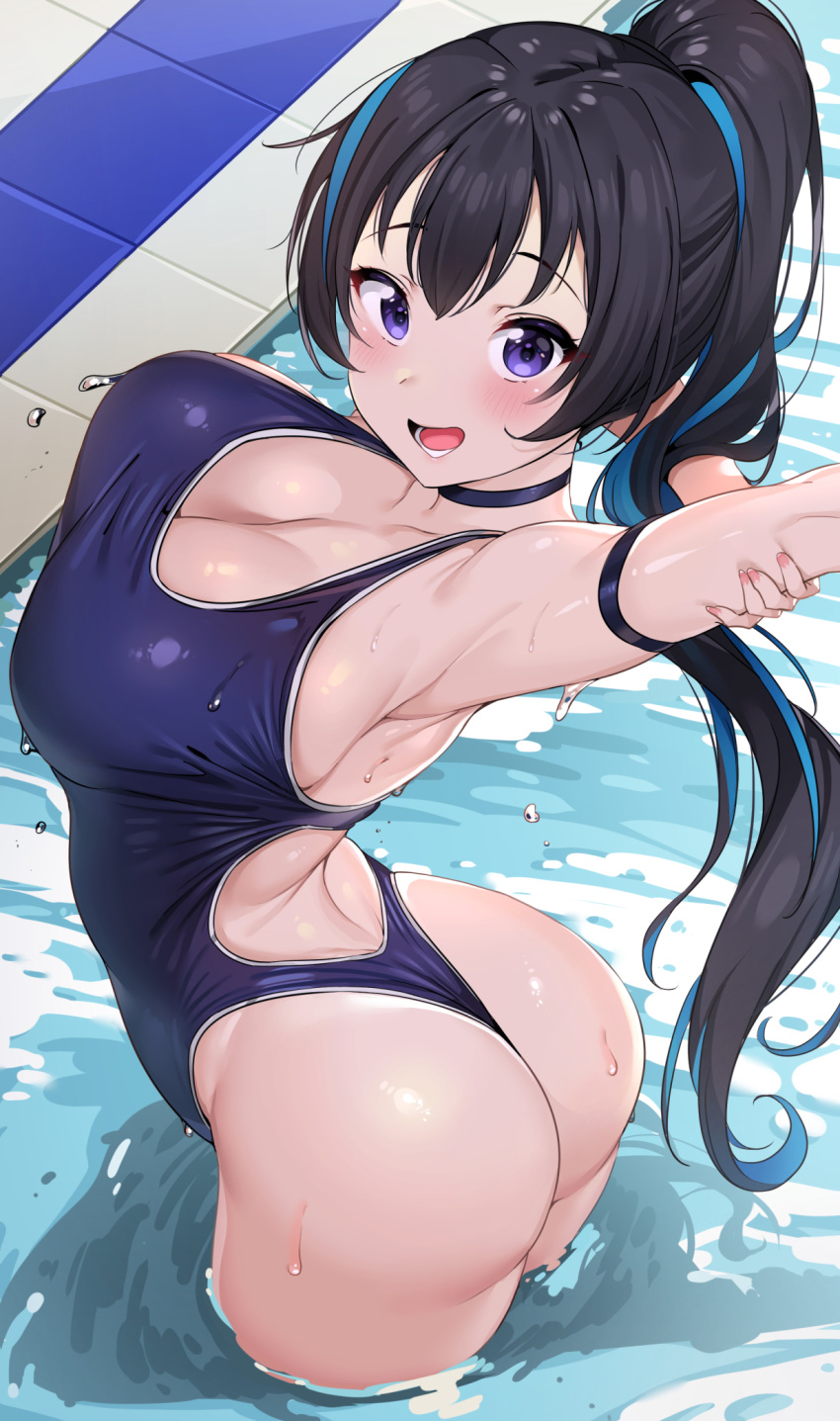 1girl ass black_hair blue_hair blue_swimsuit breasts cowboy_shot highres large_breasts long_hair multicolored_hair one-piece_thong original ponytail soaking_feet solo standing streaked_hair stretch swimsuit tem10 violet_eyes