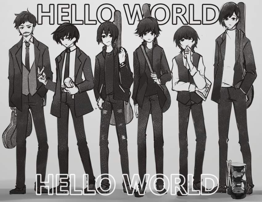 6+boys closed_mouth coffee_pot drumsticks facial_hair formal greyscale hand_in_pocket holding holding_microphone instrument instrument_case irukun00 jacket male_focus microphone monochrome multiple_boys mustache necktie olverse open_clothes open_jacket standing suit thinking thumb_in_pocket torn torn_clothes torn_legwear v