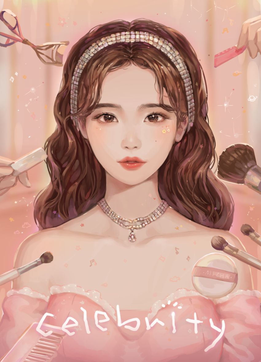 1girl bare_shoulders brown_eyes brown_hair comb english_text eyelash_curler hair_ornament hands highres jewelry lipstick looking_at_viewer makeup makeup_brush micha necklace object_request original pink_background solo_focus upper_body