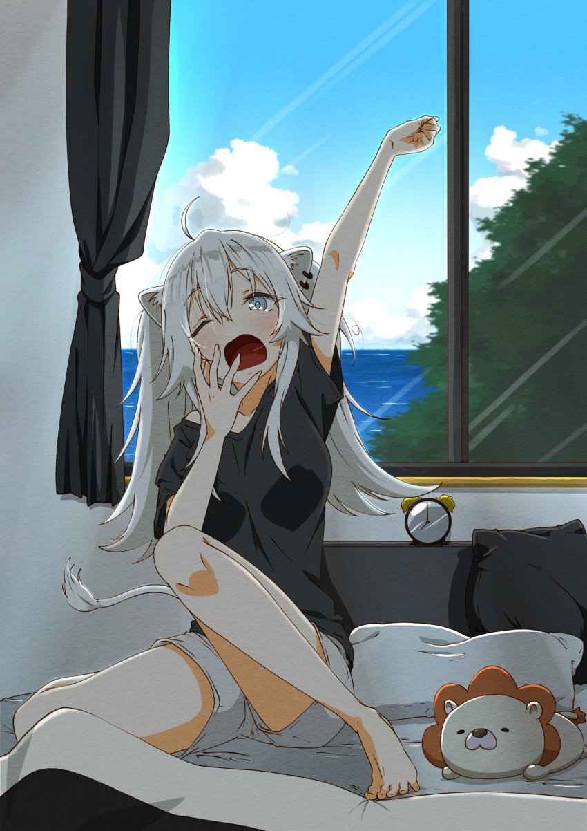 1girl ahoge alternate_costume animal_ears bangs barefoot bed black_shirt breasts commentary_request ear_piercing full_body grey_eyes hair_between_eyes highres hololive homura_minori large_breasts lion_ears lion_girl lion_tail long_hair loungewear morning open_mouth piercing shirt shishiro_botan short_sleeves shorts sidelocks silver_hair stretch stuffed_animal stuffed_lion stuffed_toy tail thigh_strap two_side_up virtual_youtuber waking_up white_shorts window yawning