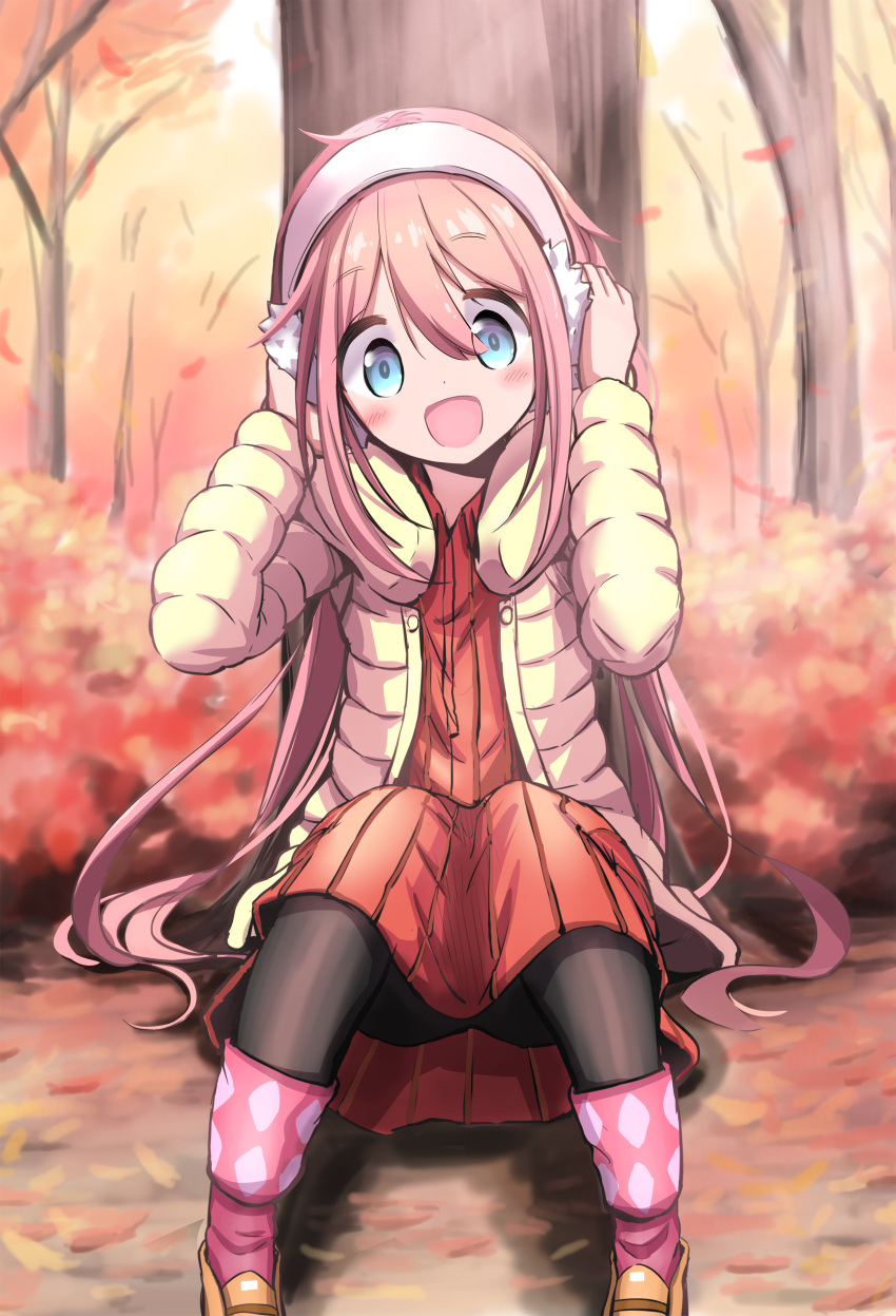 1girl absurdres autumn autumn_leaves bangs beige_jacket black_legwear blue_eyes blush branch bush commentary_request dress earmuffs eyes_visible_through_hair flats forest hair_between_eyes hair_down hands_on_earmuffs hands_on_headwear head_tilt highres kagamihara_nadeshiko light long_hair long_sleeves looking_at_viewer n2midori nature open_mouth outdoors pantyhose pink_hair red_dress shadow sitting_on_ground socks_over_pantyhose solo tree wide-eyed yurucamp