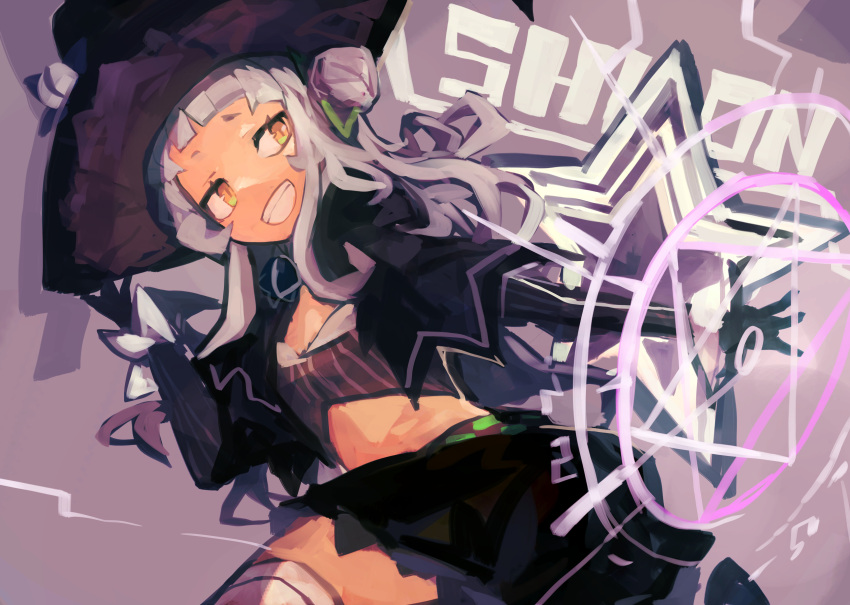 1girl absurdres bangs black_gloves black_headwear black_skirt blunt_bangs capelet cowboy_shot crop_top dutch_angle fur_trim gloves grin hat highres hololive kaamin_(mariarose753) long_hair long_sleeves looking_ahead magic_circle midriff murasaki_shion purple_background purple_shirt shirt sidelocks skirt smile solo star_(symbol) striped striped_shirt thigh-highs white_hair white_legwear witch_hat yellow_eyes zettai_ryouiki