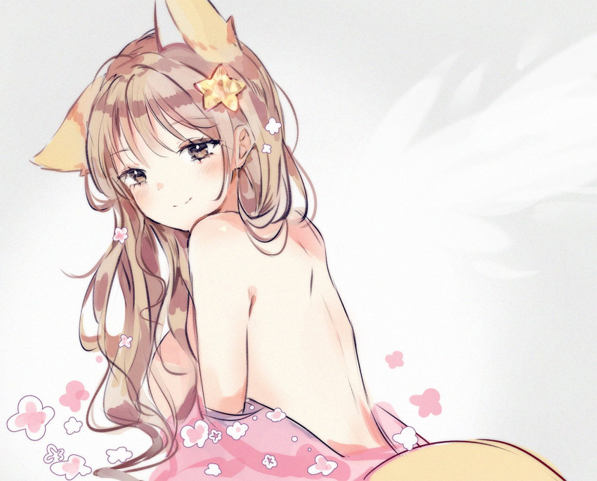 1girl animal_ears annytf anyuu bare_back brown_eyes brown_hair commentary extra_ears fox_ears fox_tail hair_ornament highres indie_virtual_youtuber long_hair looking_at_viewer pink_shirt shirt smile solo star_(symbol) star_hair_ornament symbol_commentary tail upper_body