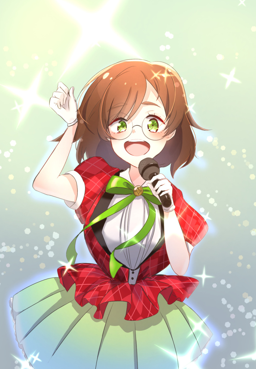 1girl blouse blush breasts brown_hair collared_shirt eyebrows_visible_through_hair glasses gloves gradient gradient_background green_background green_eyes green_neckwear green_skirt green_theme hair_between_eyes highres idol jacket large_breasts looking_at_viewer medium_hair microphone music open_mouth red_jacket shirt short_sleeves singing skirt smile solo sparkle_background teeth teina white_blouse white_gloves yuzuriha_maimai zombie_land_saga