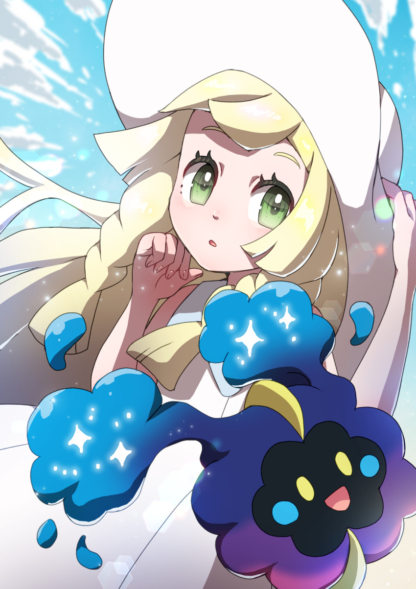 1girl bangs blonde_hair blush braid collared_dress commentary_request cosmog dress eyelashes floating_hair gen_7_pokemon green_eyes hand_on_headwear hands_up hat he72oh highres legendary_pokemon lillie_(pokemon) long_hair looking_at_viewer pokemon pokemon_(creature) pokemon_(game) pokemon_sm shiny shiny_hair sleeveless sleeveless_dress sun_hat sundress twin_braids white_dress white_headwear