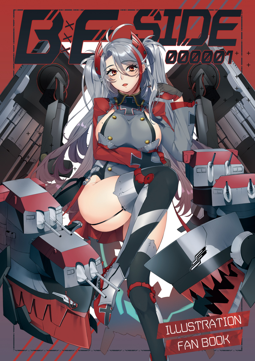 1girl absurdres artillery azur_lane black_gloves black_legwear boots breasts buttons cover cover_page double-breasted eyebrows_visible_through_hair garter_straps gloves headgear highres large_breasts long_hair mimiko_(fuji_310) mole mole_on_breast orange_eyes prinz_eugen_(azur_lane) redhead rigging sideboob silver_hair solo thigh-highs twintails