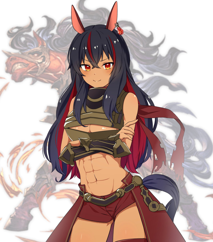1girl abs animal_ears arm_guards armor artist_request bangs barding black_hair breastplate breasts colored_inner_hair colored_skin commentary_request crossed_arms dark_skin earrings eyebrows_visible_through_hair granblue_fantasy hair_between_eyes highres horse horse_ears horse_girl horse_tail jewelry long_hair looking_at_viewer medium_breasts multicolored_hair personification red_hare_(granblue_fantasy) red_shorts red_skin redhead short_shorts shorts sidelocks solo streaked_hair tagme tail umamusume white_background