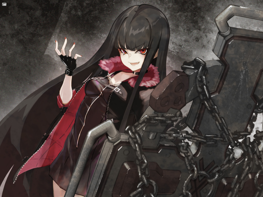 1girl bangs black_hair blunt_bangs camisole chain commission eyebrows_visible_through_hair fang fingerless_gloves gloves highres jacket jitter_k leather leather_jacket long_hair looking_at_viewer nail_polish open_mouth original red_eyes solo standing tachi-e