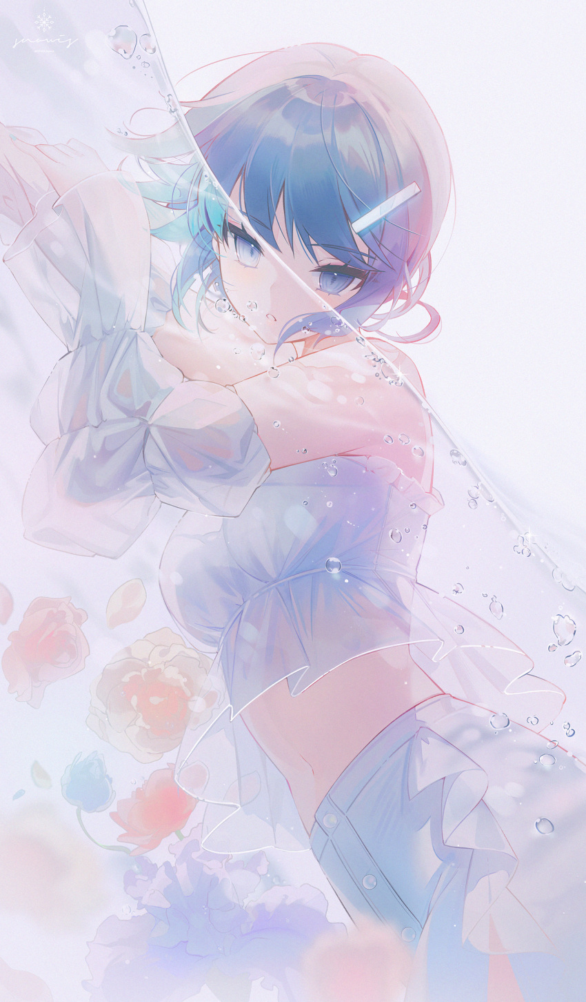1girl absurdres air_bubble arms_up bangs bare_shoulders blue_eyes blue_flower blue_hair bubble cowboy_shot crop_top detached_sleeves flower frills hair_ornament hairclip highres long_sleeves looking_at_viewer looking_to_the_side midriff navel orange_flower original outstretched_arm partially_submerged partially_underwater_shot purple_flower see-through short_hair sidelocks snow_is solo swept_bangs water yellow_flower