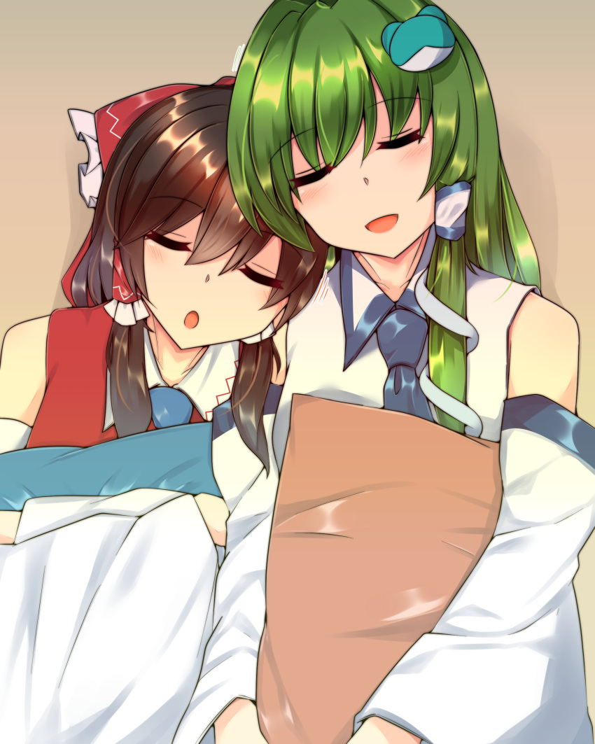 2girls absurdres bare_shoulders blue_neckwear bow brown_hair closed_eyes collared_shirt commentary_request detached_sleeves eyebrows_visible_through_hair frilled_bow frills frog_hair_ornament green_hair hair_between_eyes hair_bow hair_ornament hair_tubes hakurei_reimu head_on_another's_shoulder highres kochiya_sanae light_blush long_hair mokutan_(link_machine) multiple_girls necktie open_mouth pillow pillow_hug red_bow red_shirt shiny shiny_hair shirt simple_background sitting sleepy sleeveless sleeveless_shirt snake_hair_ornament touhou two-tone_shirt upper_body white_shirt