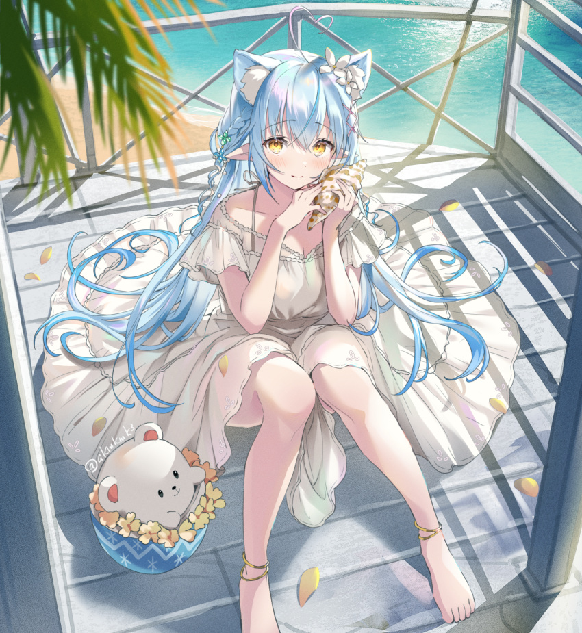 1girl ahoge animal_ear_fluff animal_ears bangs bare_legs barefoot blush cat_ears commentary_request daifuku_(yukihana_lamy) day dress elf eyebrows_visible_through_hair flower hair_between_eyes heart_ahoge highres holding hololive kemonomimi_mode long_hair looking_at_viewer ocean petals pointy_ears pot rokcha seashell shell short_sleeves simple_background smile solo sundress twitter_username very_long_hair virtual_youtuber white_dress yellow_eyes yellow_flower yukihana_lamy